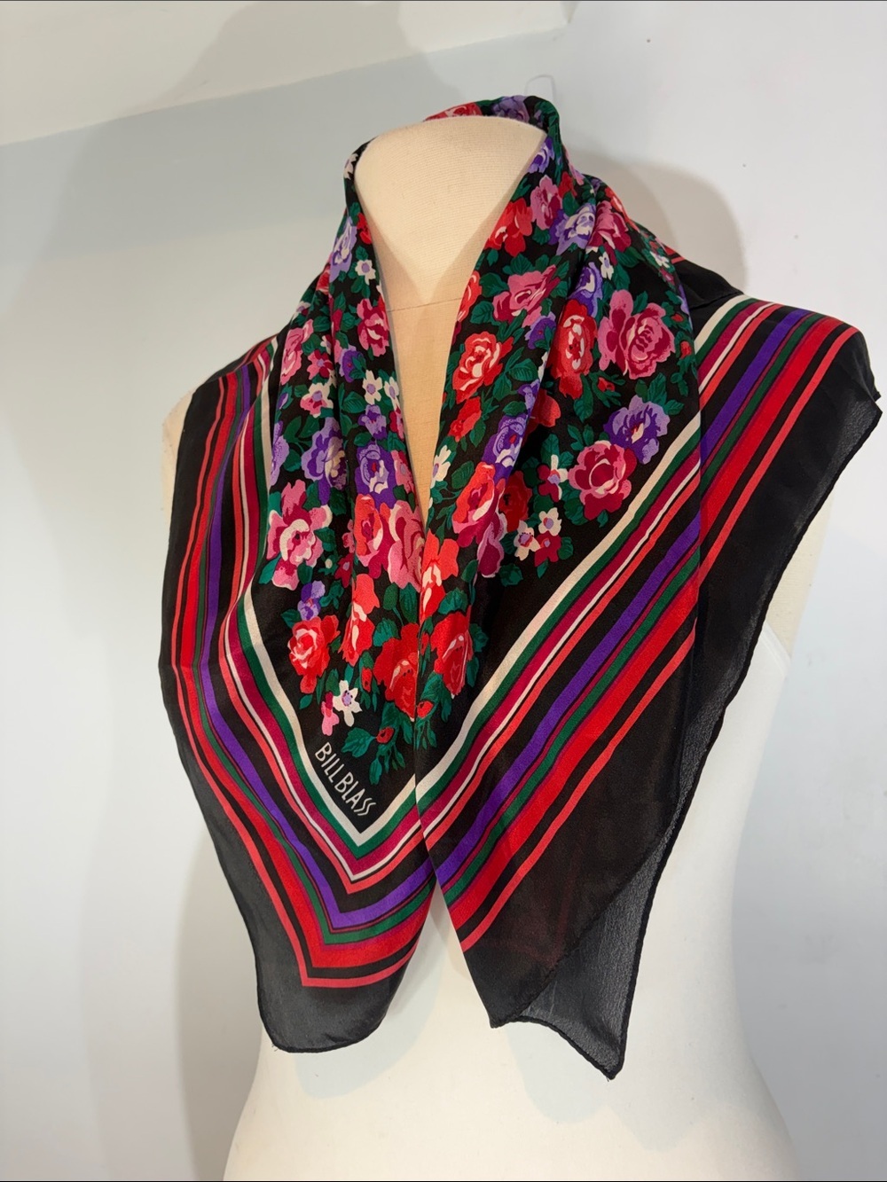 Vintage Bill Blass 100% Silk Floral Scarf Black Multicolor 27”x27”